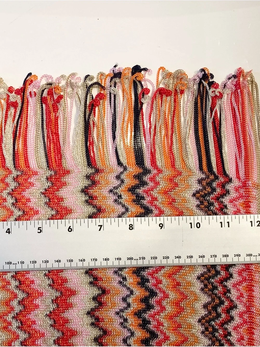 MISSONI Scarf 12.5”x76”ITALY Chevron ZigZag Silver-Lyrics Fringe Knit Multicolor
